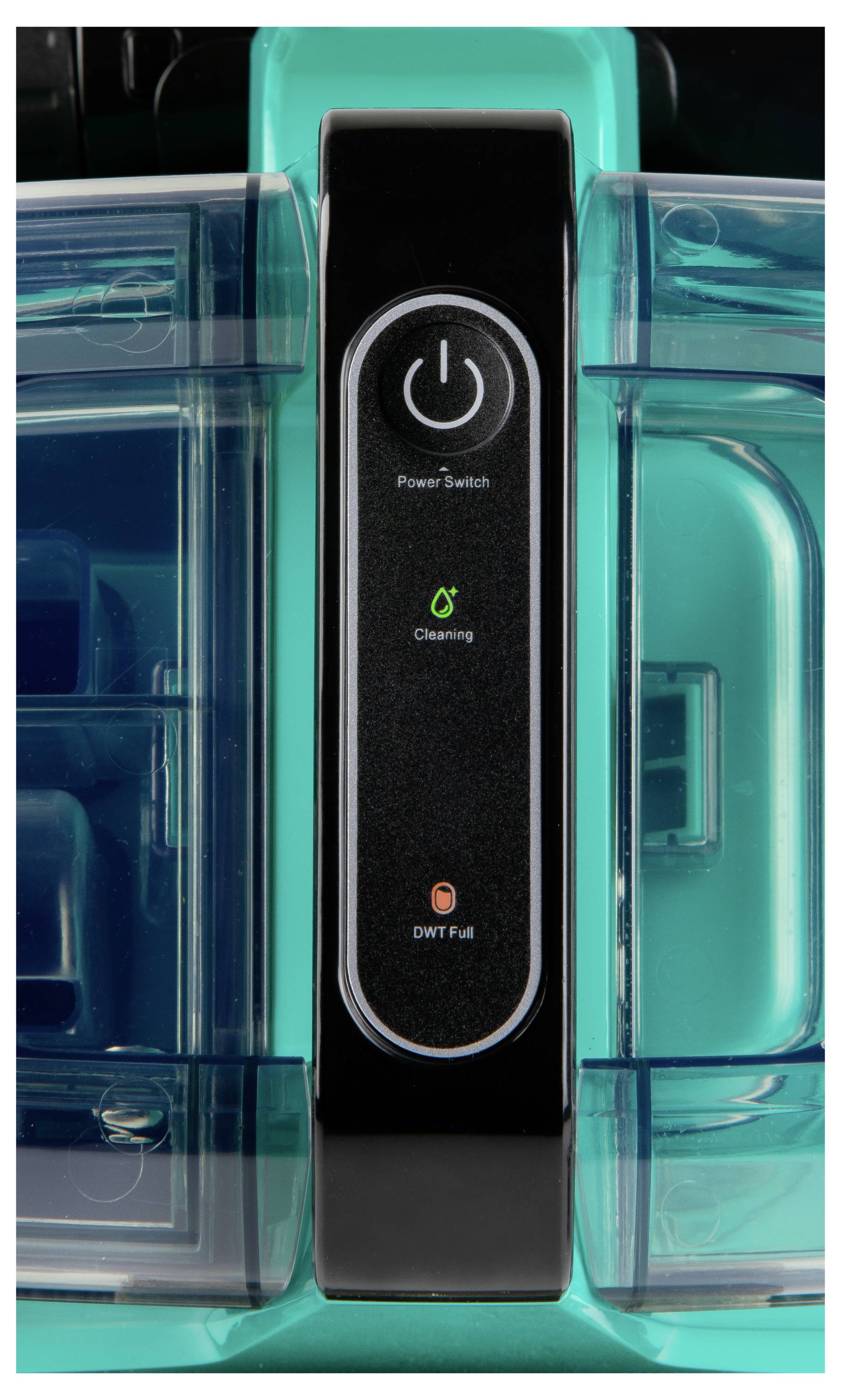 Een close-up van het bedieningspaneel van een apparaat met knoppen voor 'Aan/Uit-schakelaar', 'Reinigen' en een indicator voor 'DWT Vol'.