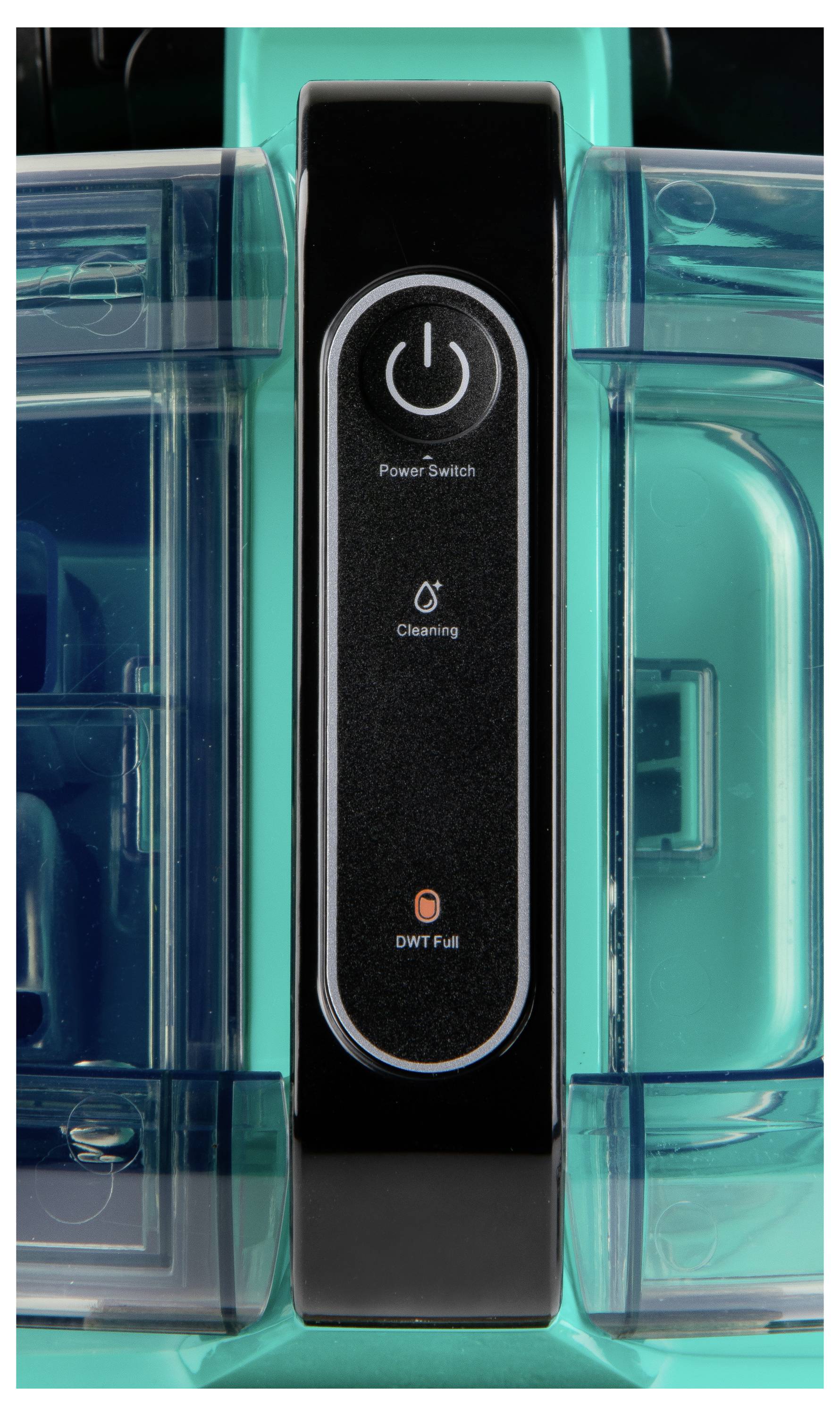 'Close-up van een apparaatpaneel met een aan/uit-schakelaar, reinigingsindicatie en een verlichte 'DWT Vol' waarschuwing. Omringd door doorschijnende blauwe componenten.'