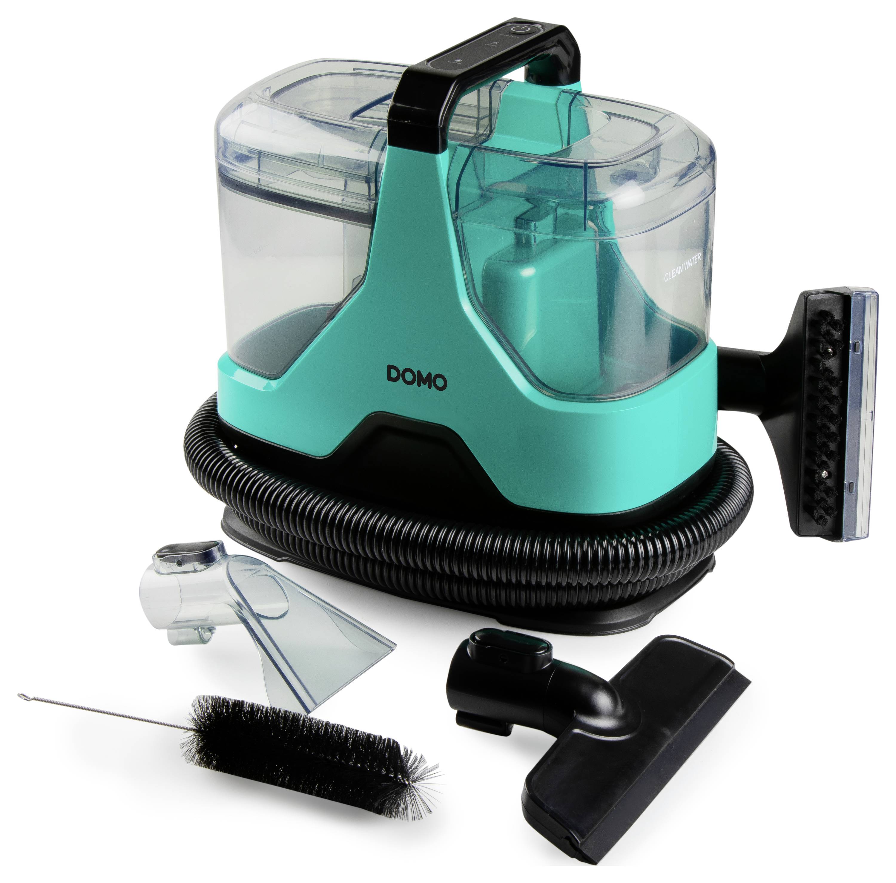 Een turquoise stofzuiger met een transparante tank, aangesloten slang en verschillende schoonmaakopzetstukken en borstel-accessoires.