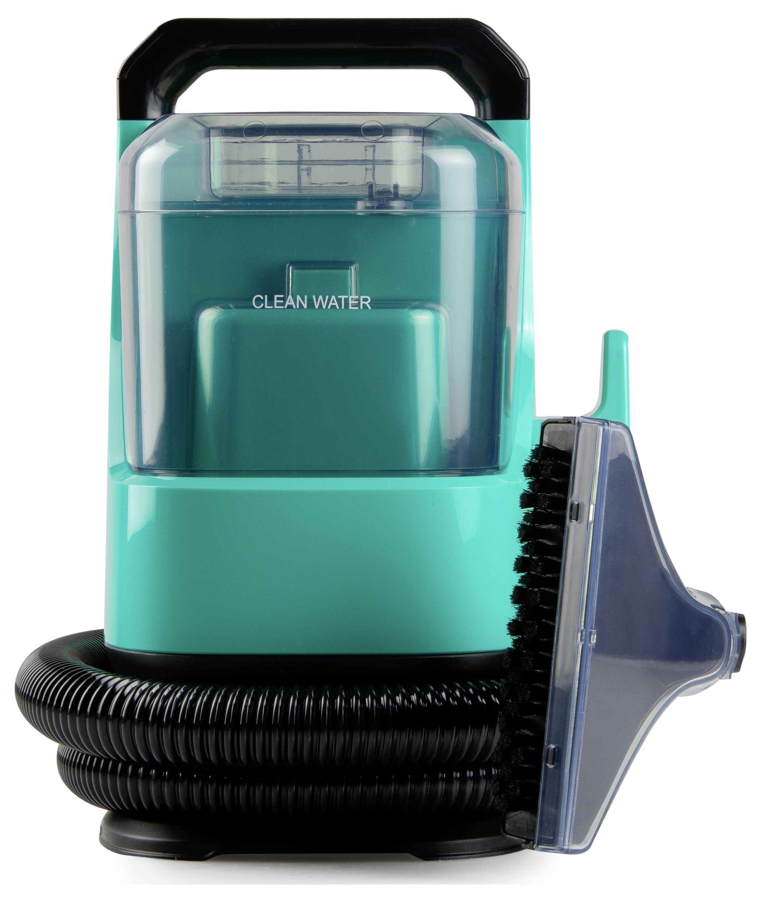 Een teal draagbare tapijtreinigers met een handgreep, voorzien van het label 'SCHOON WATER', en een opgerolde slang die is bevestigd aan een afneembare scrubborstel.