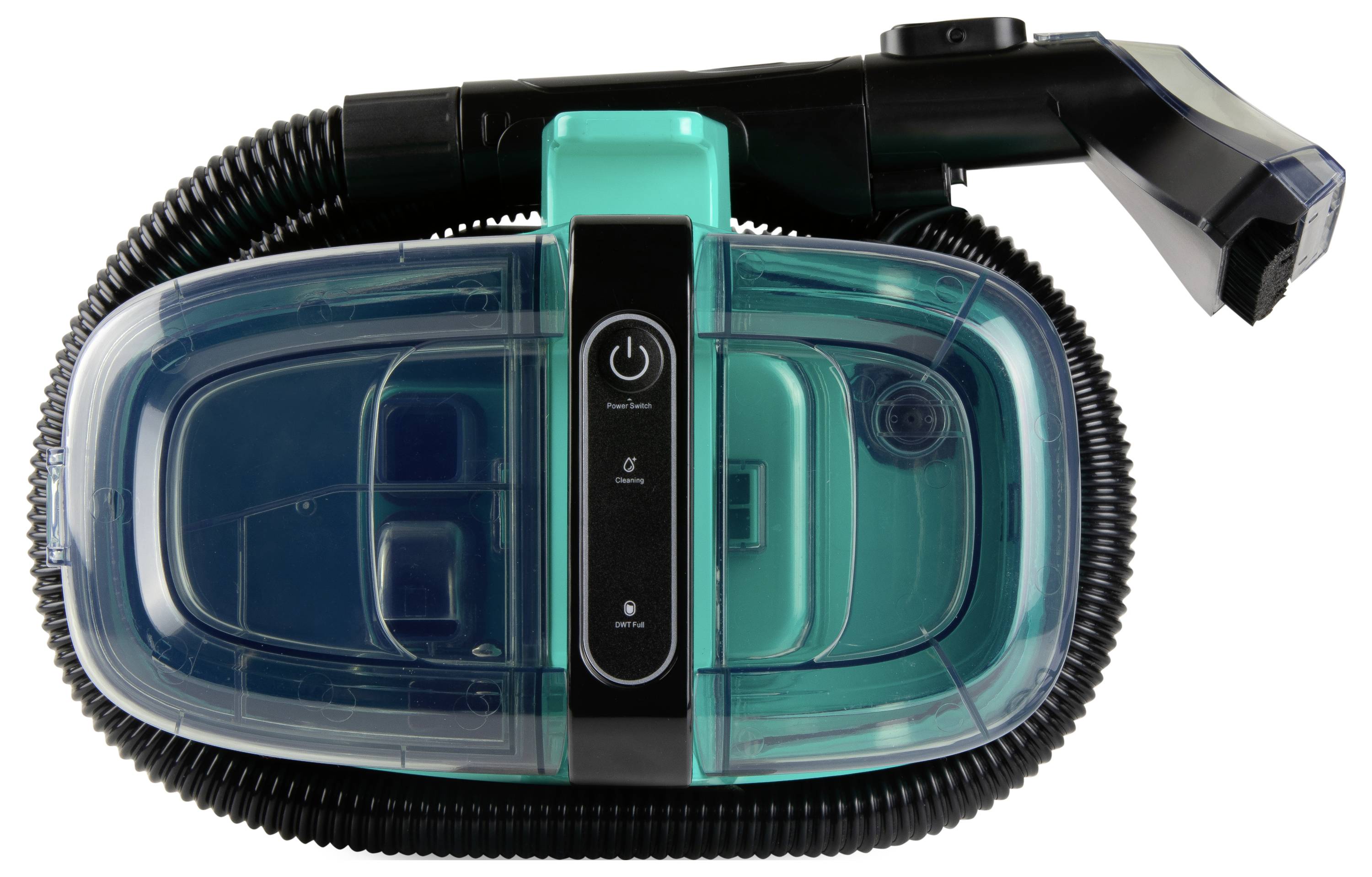 Een draagbare tapijtcleaner in blauwgroen en zwart met een transparante opvangbak, slang en aan/uit-knop, ontworpen voor het reinigen van kleine oppervlakken en vlekken.