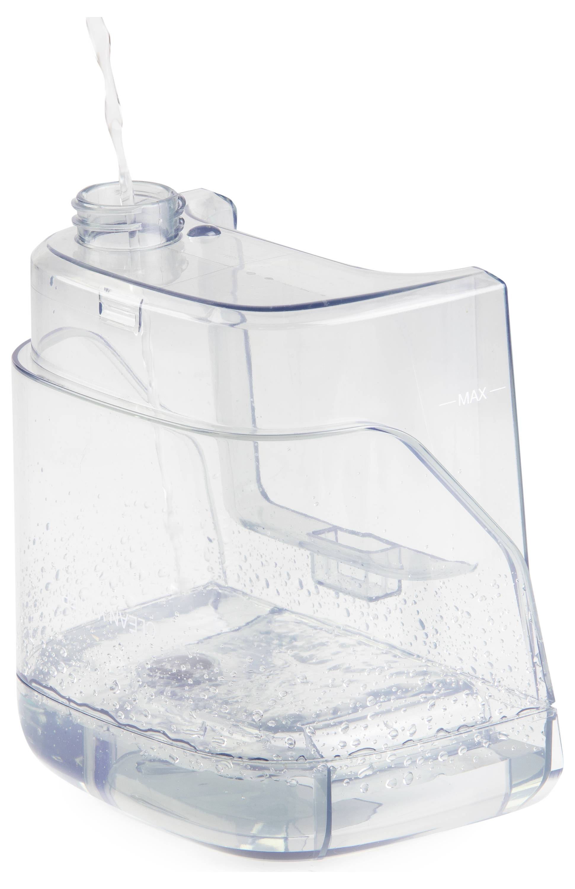 Een watertank die van bovenaf wordt gevuld, met een duidelijk gemarkeerd oppervlak 'MAX' dat het maximale waterniveau aangeeft.