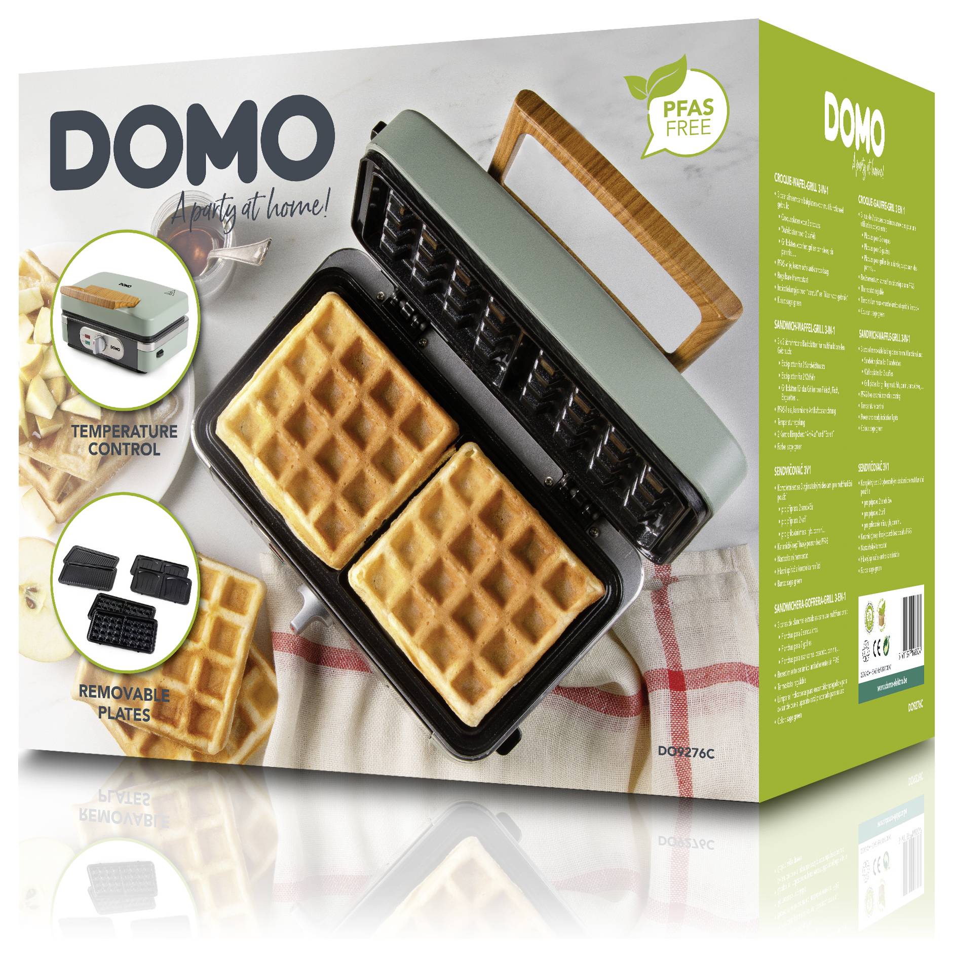 Domo wafelijzer doos met wafelijzer waarop wafels worden getoond, voorzien van gelabelde kenmerken: 'Temperatuurregeling', 'Verwijderbare Platen', 'PFAS-vrij'.