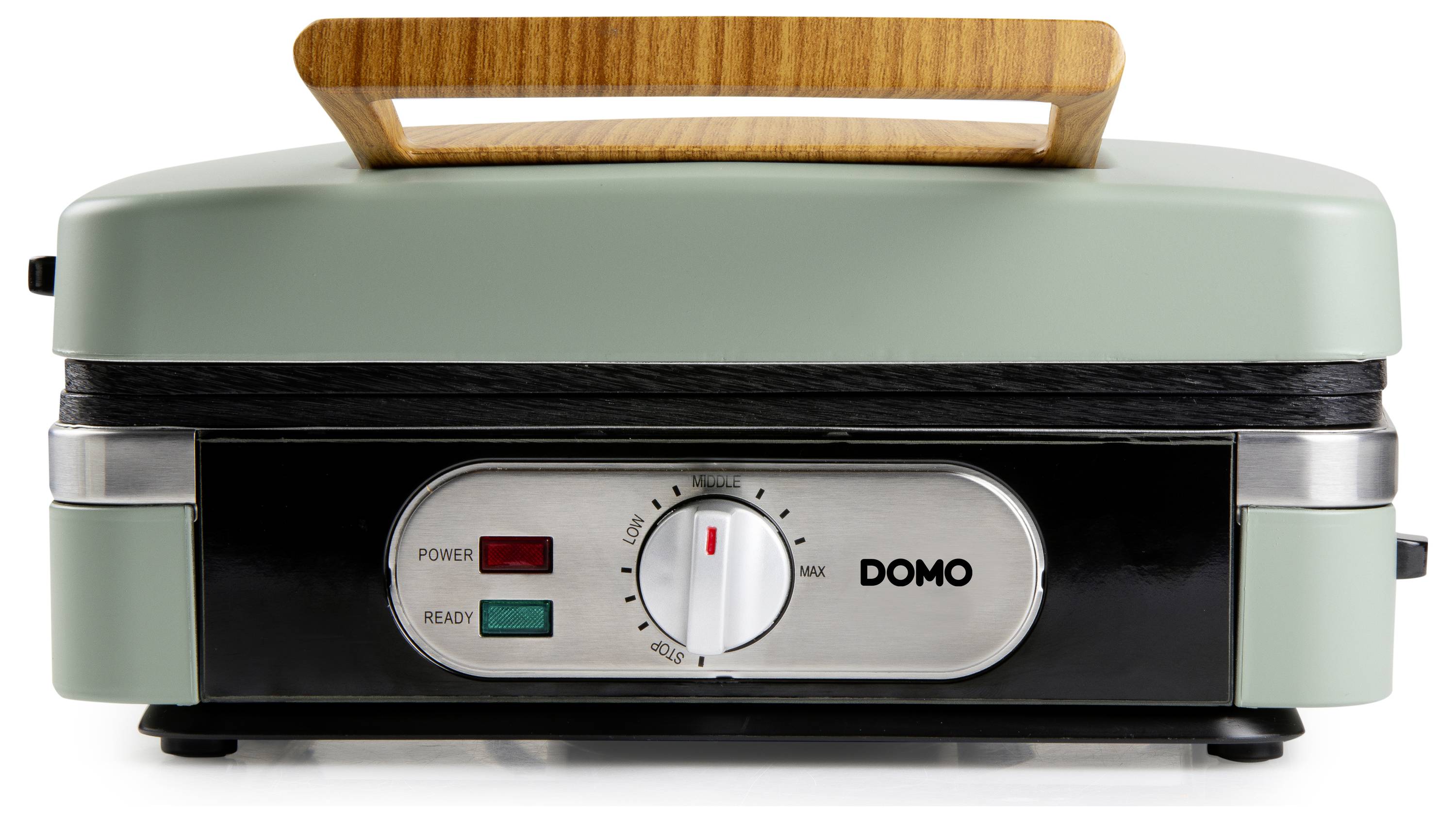 Een groene en zwarte tosti-ijzer met een houten handvat. Het voorpaneel heeft een 'DOMO' logo, stroom- en gereedheidslampen, en een temperatuurknop.