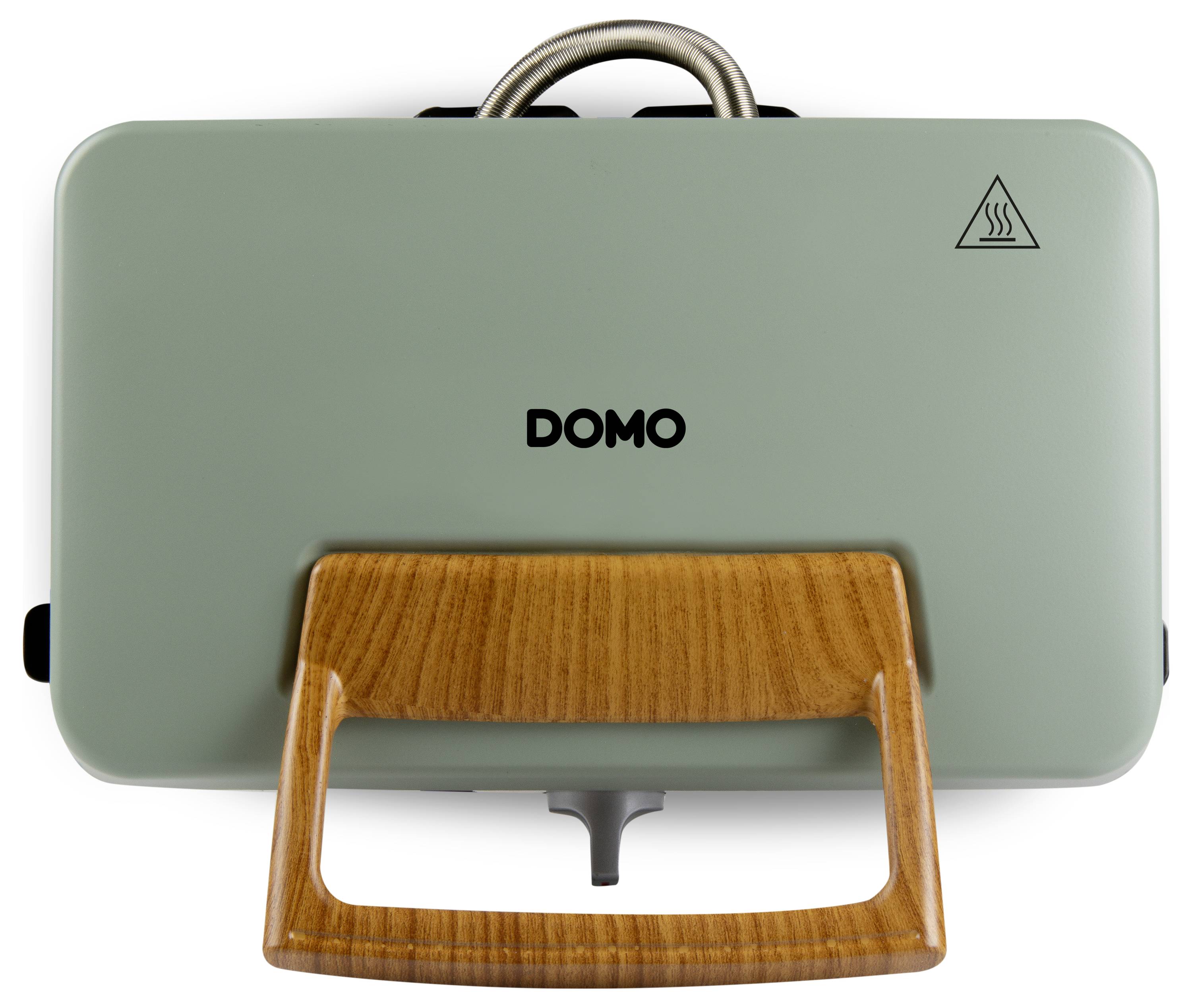 Een grijze apparaat met een houten handvat, voorzien van het label 'DOMO', met een stoomicoon, wat duidt op kookfunctionaliteit.