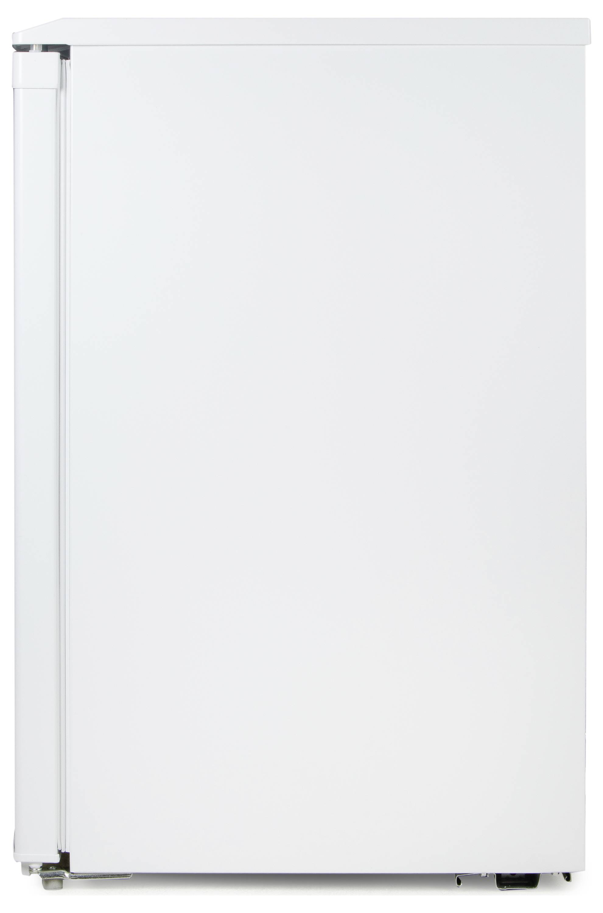 Een witte koelkast met een enkele deur, gesloten tegen een neutrale achtergrond.