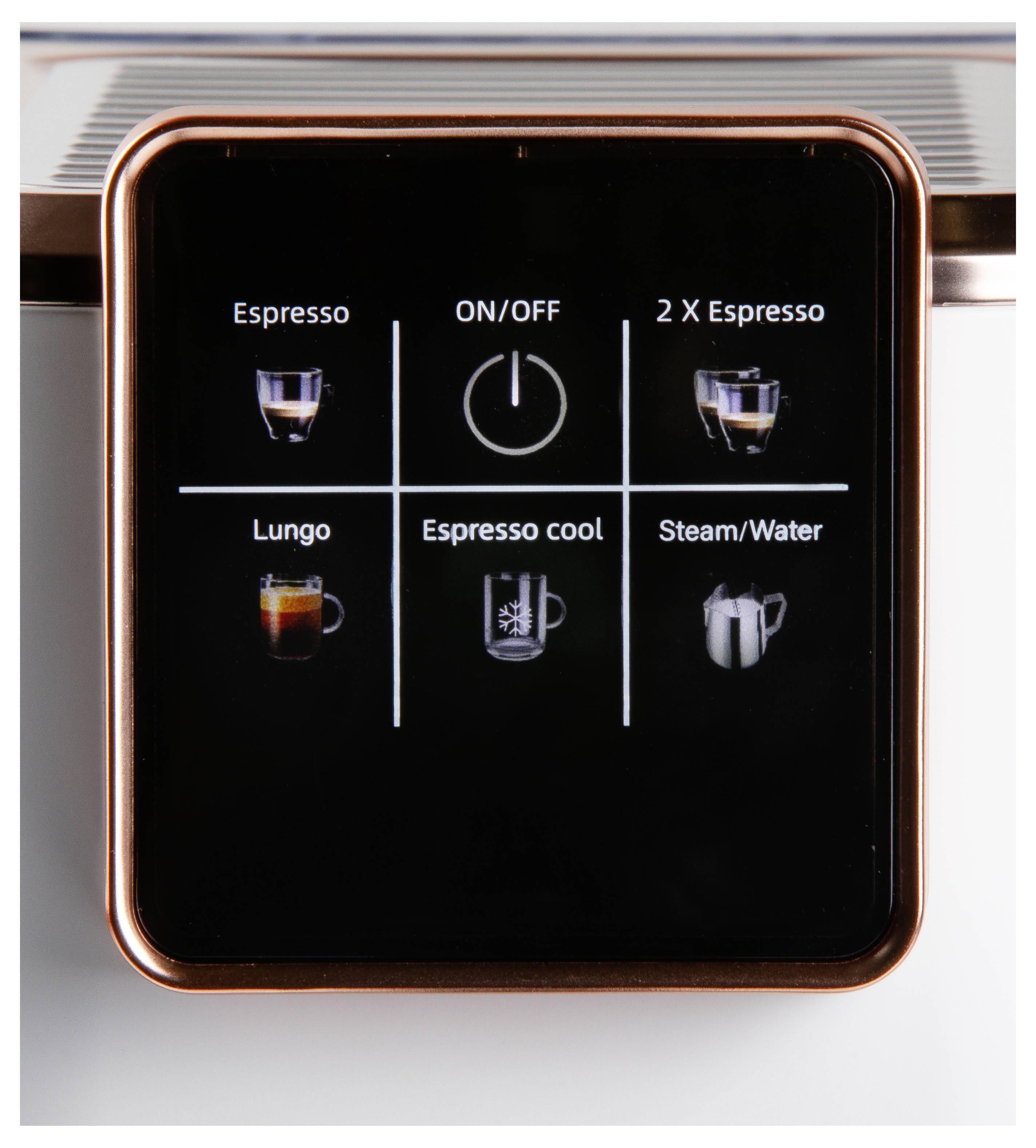 Koffiezetapparaat bedieningspaneel met opties: 'Espresso', '2 X Espresso', 'Lungo', 'Koude Espresso' en 'Stoom/Water' met pictogrammen.