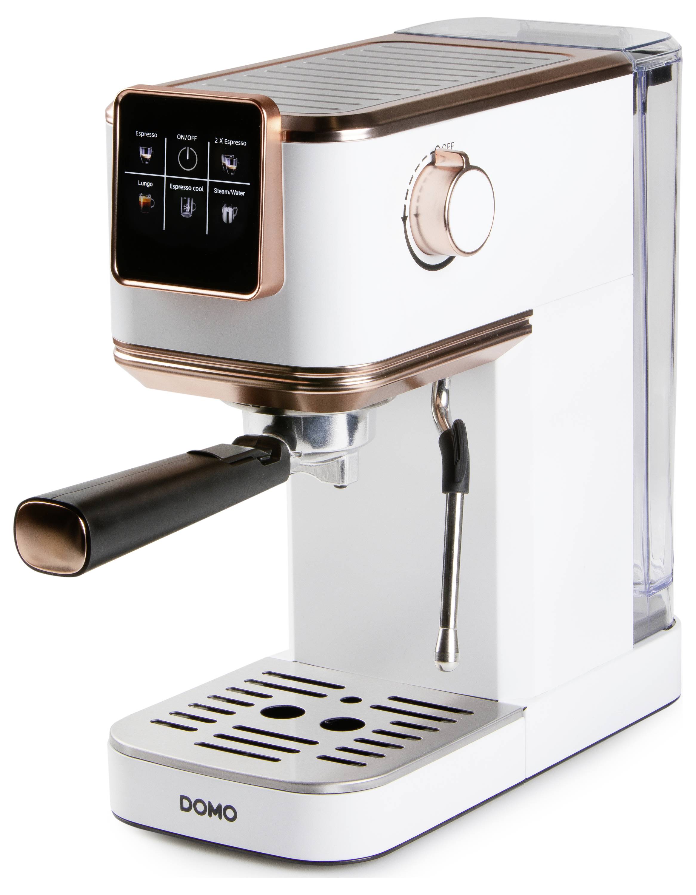 Een witte espressomachine met een stoompijp, digitale bedieningsknoppen en een verwijderbare watertank, voorzien van het label 'DOMO' aan de onderkant.
