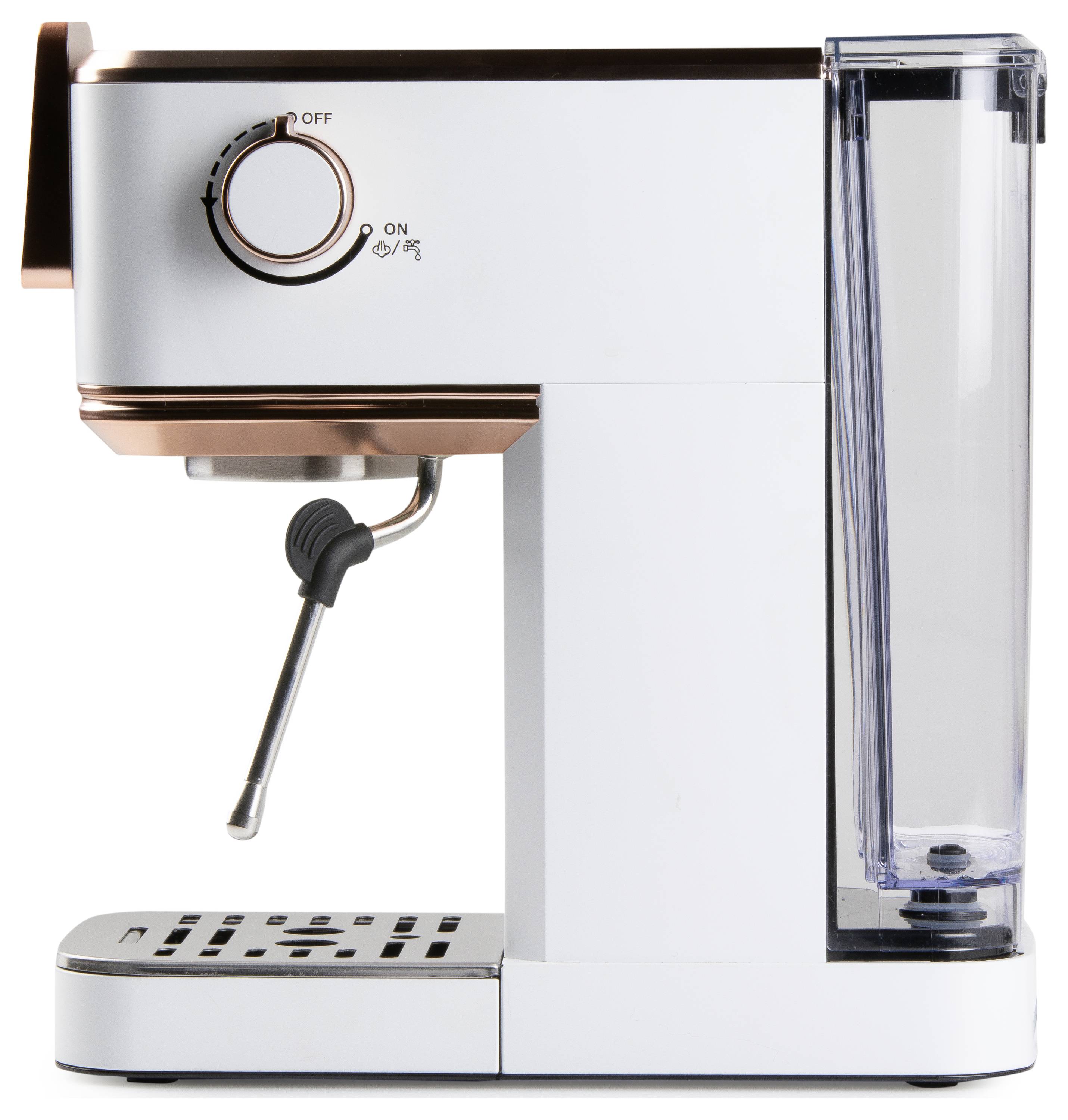 Een espressomachine voor thuisgebruik met een koperen accent, voorzien van een stoompijp aan de zijkant en een verstelbare knop met 'AAN' en 'UIT' standen.