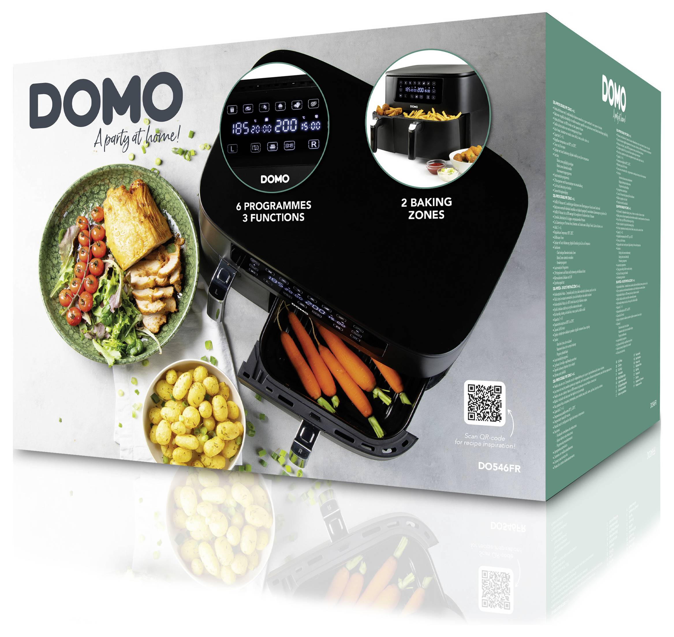 Een doos toont een DOMO airfryer met dubbele bakzones. De afbeelding laat gebakken zalm, groenten en aardappelen zien, waarbij de functies van het apparaat worden benadrukt.