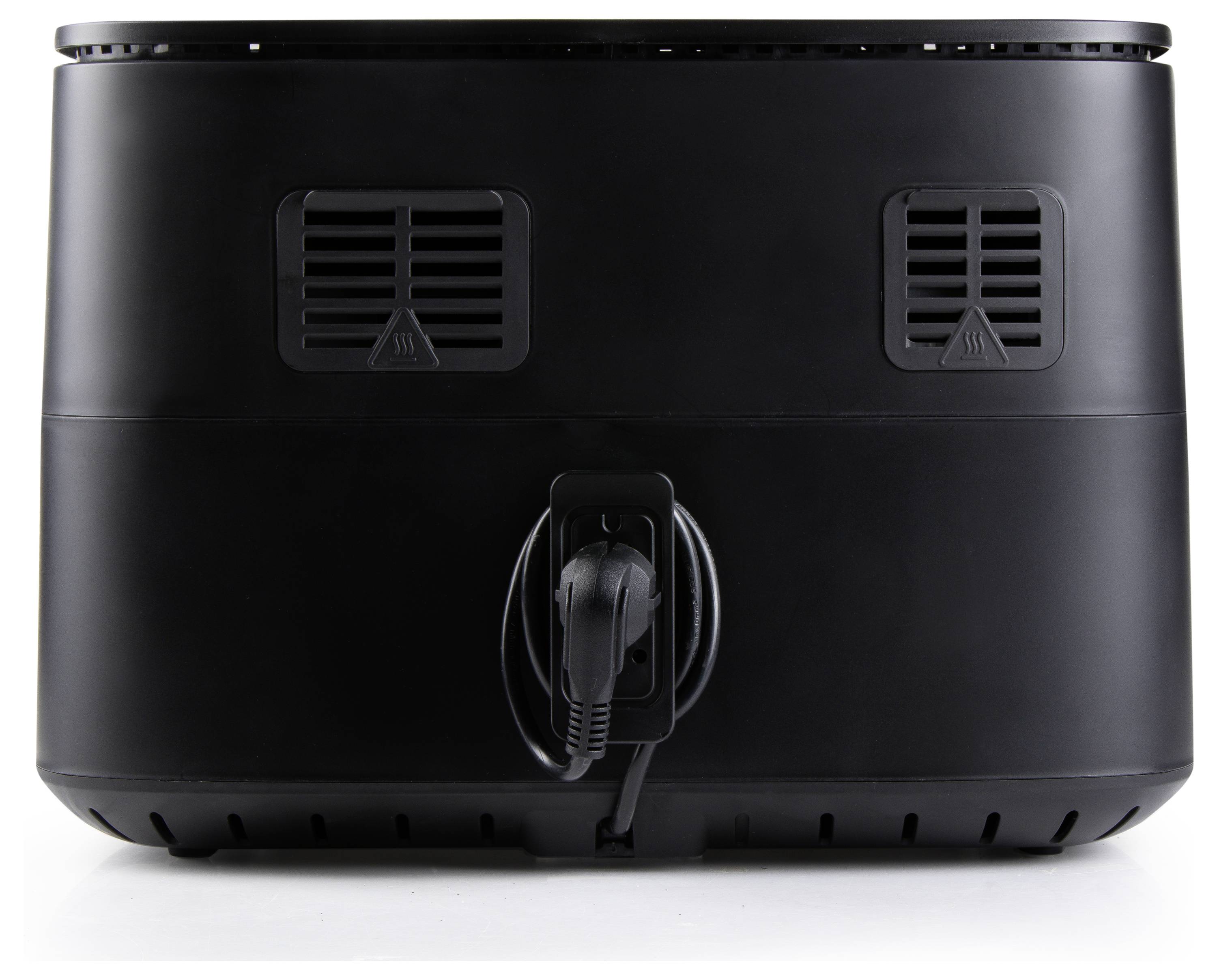 Een zwarte airfryer, gezien van achteren, met een netsnoer netjes opgerold om een haak, en twee ventilatieopeningen in het bovenste gedeelte.