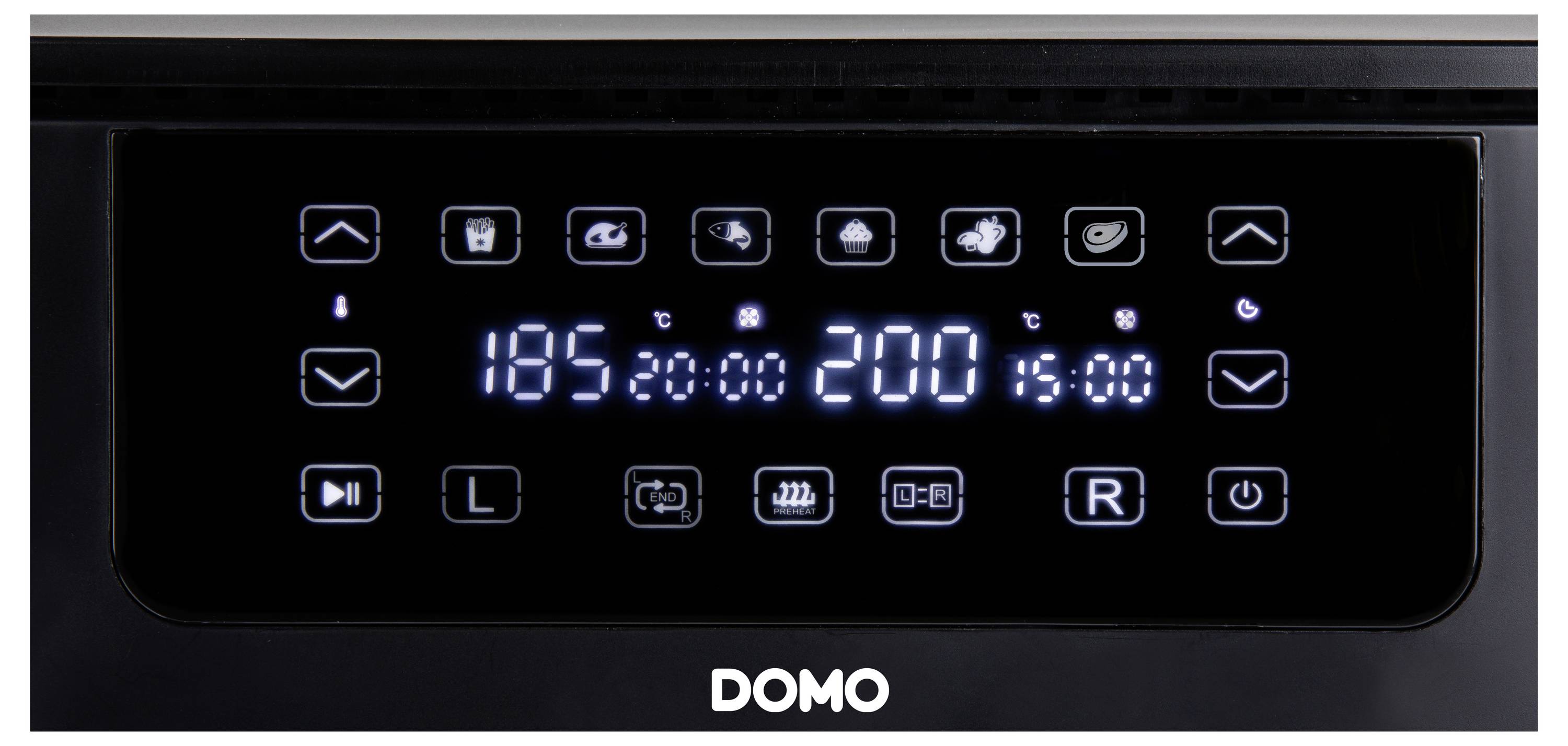 Close-up van een digitaal bedieningspaneel van een apparaat met temperaturen van '185°C' en '200°C', met verschillende pictogrammen waaronder ventilator, klok en modi.