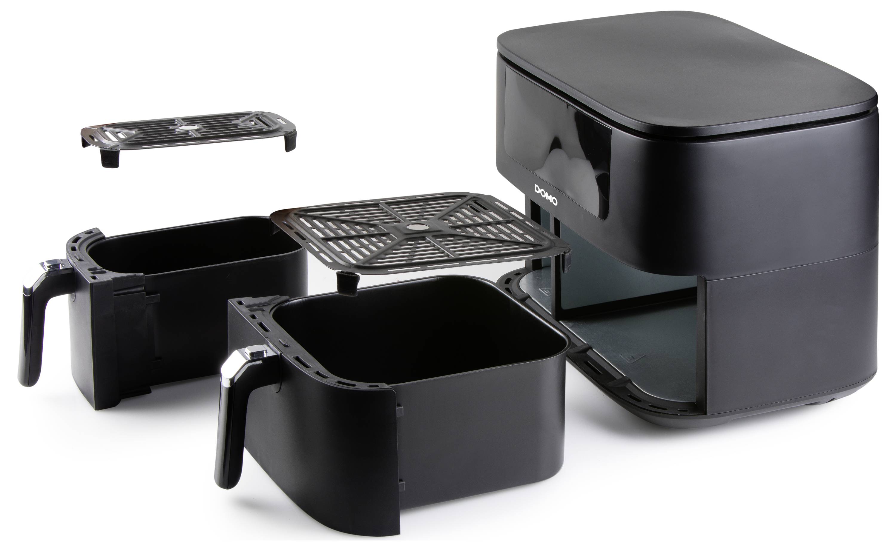 Zwarte airfryer met twee uitneembare manden en een crispplaat, die het multifunctionele ontwerp voor veelzijdige kookmogelijkheden laat zien.