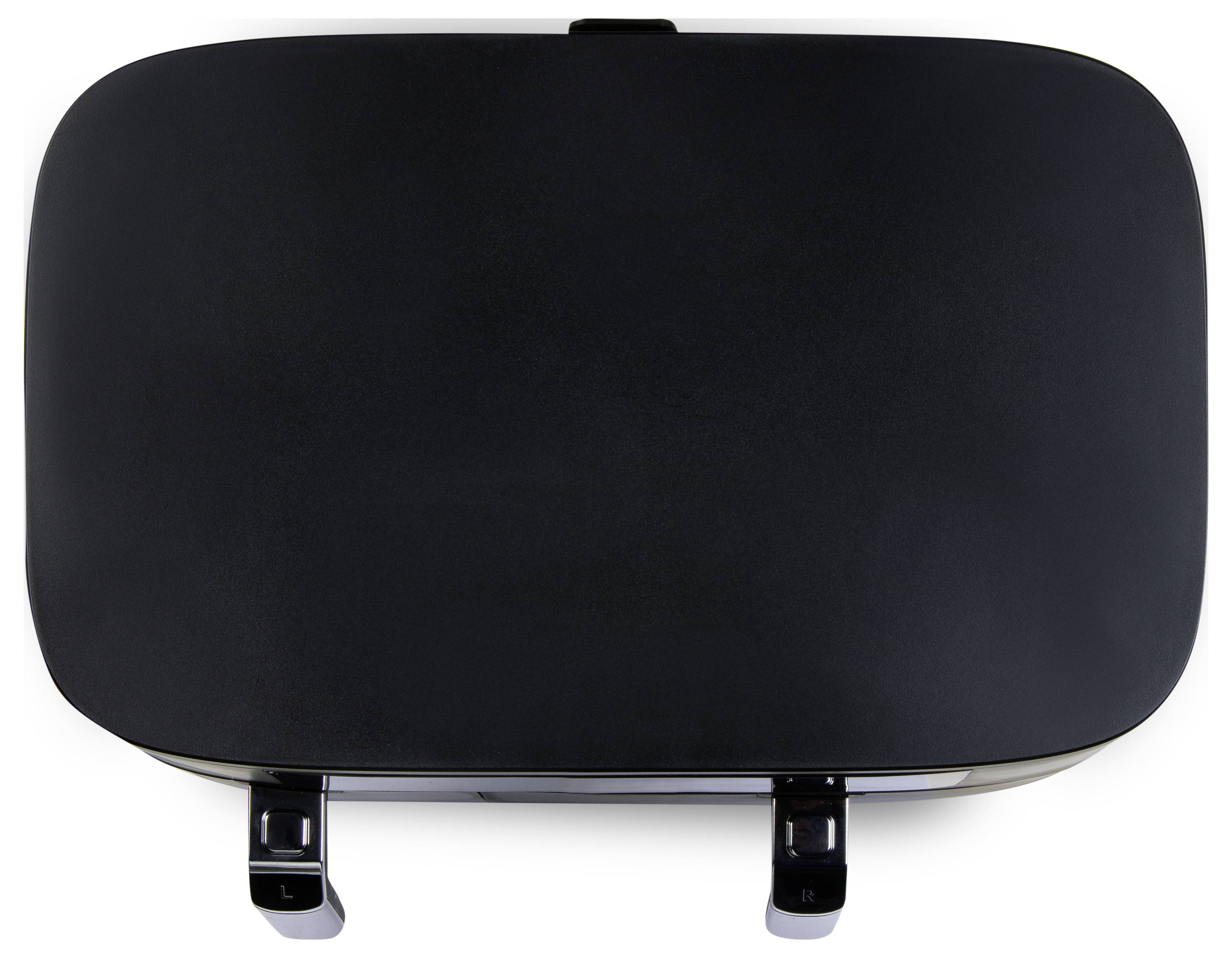 Een zwarte virtual reality-headset gezien van bovenaf, waarbij de bovenzijde en twee verstelbare riemen naar beneden worden getoond.