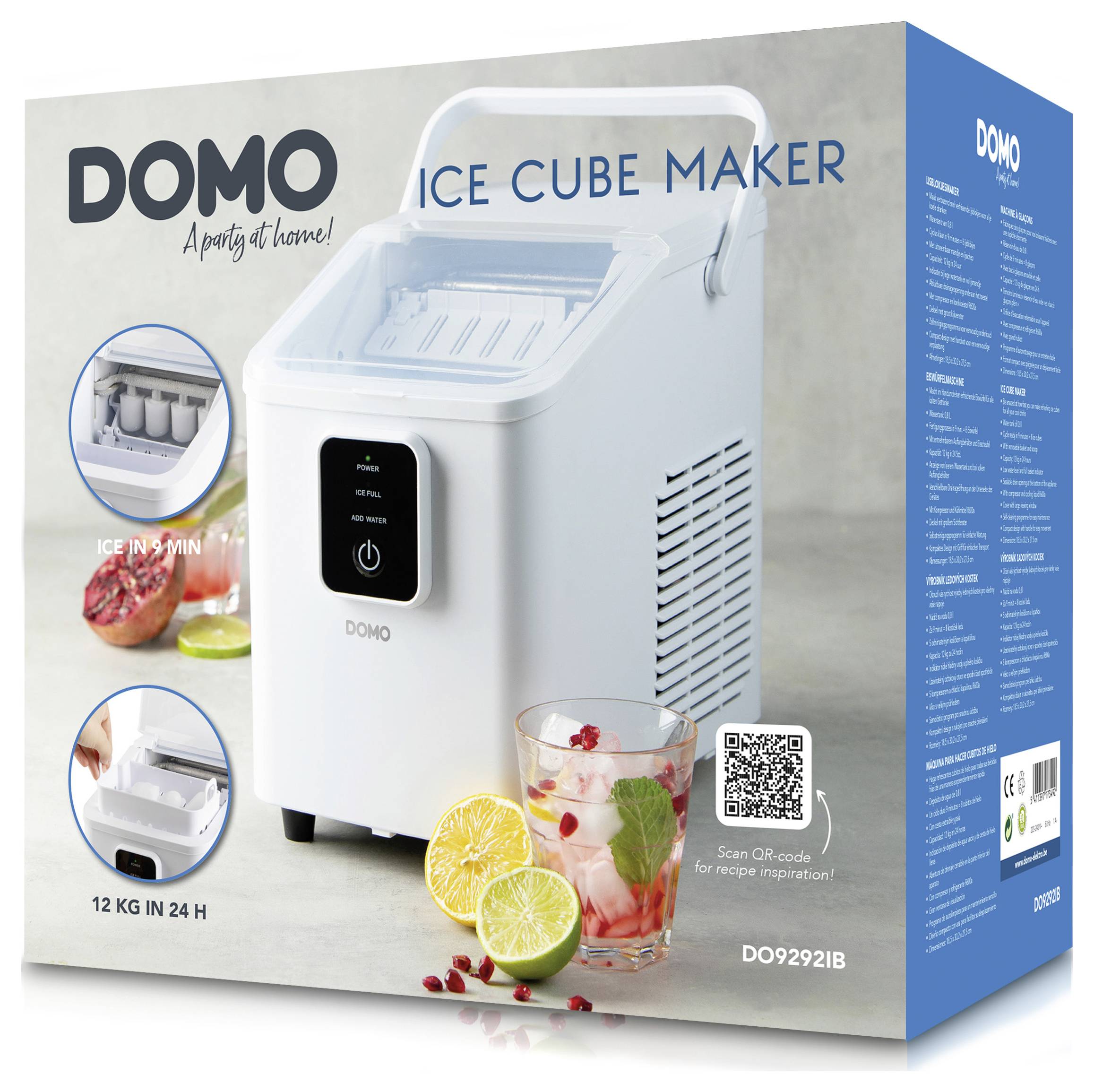 'Domo IJsblokjesmachine' verpakking toont een witte machine met een handgreep, waarbij nadruk wordt gelegd op '12 kg in 24u'. Bevat afbeeldingen van ijsblokjes in een drankje.