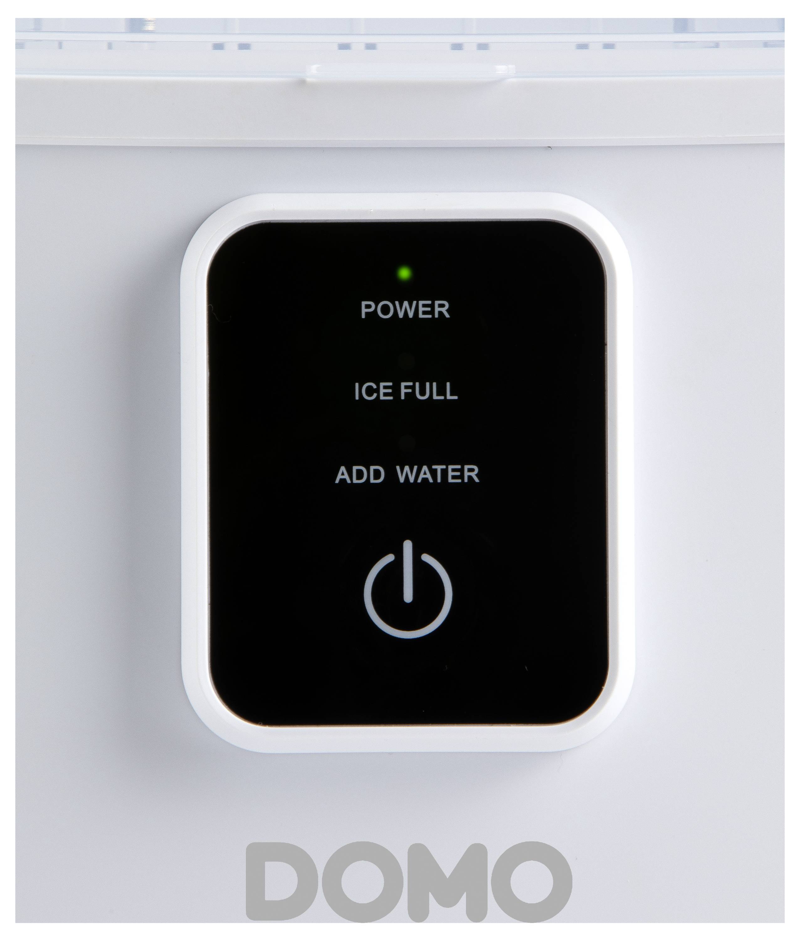 Voorkant van een ijsmachine met statusindicatoren: 'Stroom', 'Ijsvoorraad Vol', 'Water Bijvullen', met een stroomknop eronder.