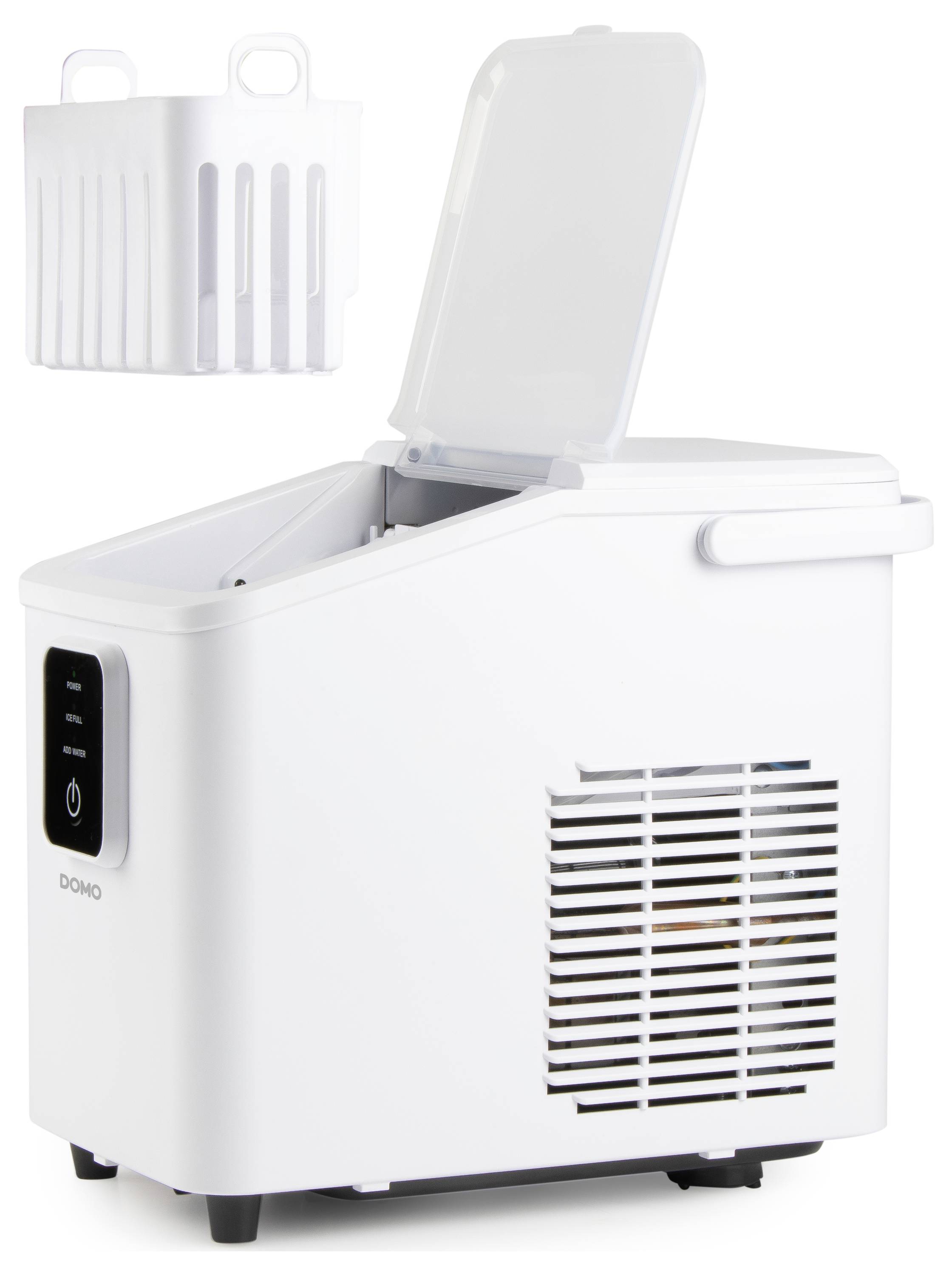 Een witte draagbare ijsmachine met een open deksel naast een verwijderbare ijsmand. Het display toont bedieningsknoppen voor de werking.