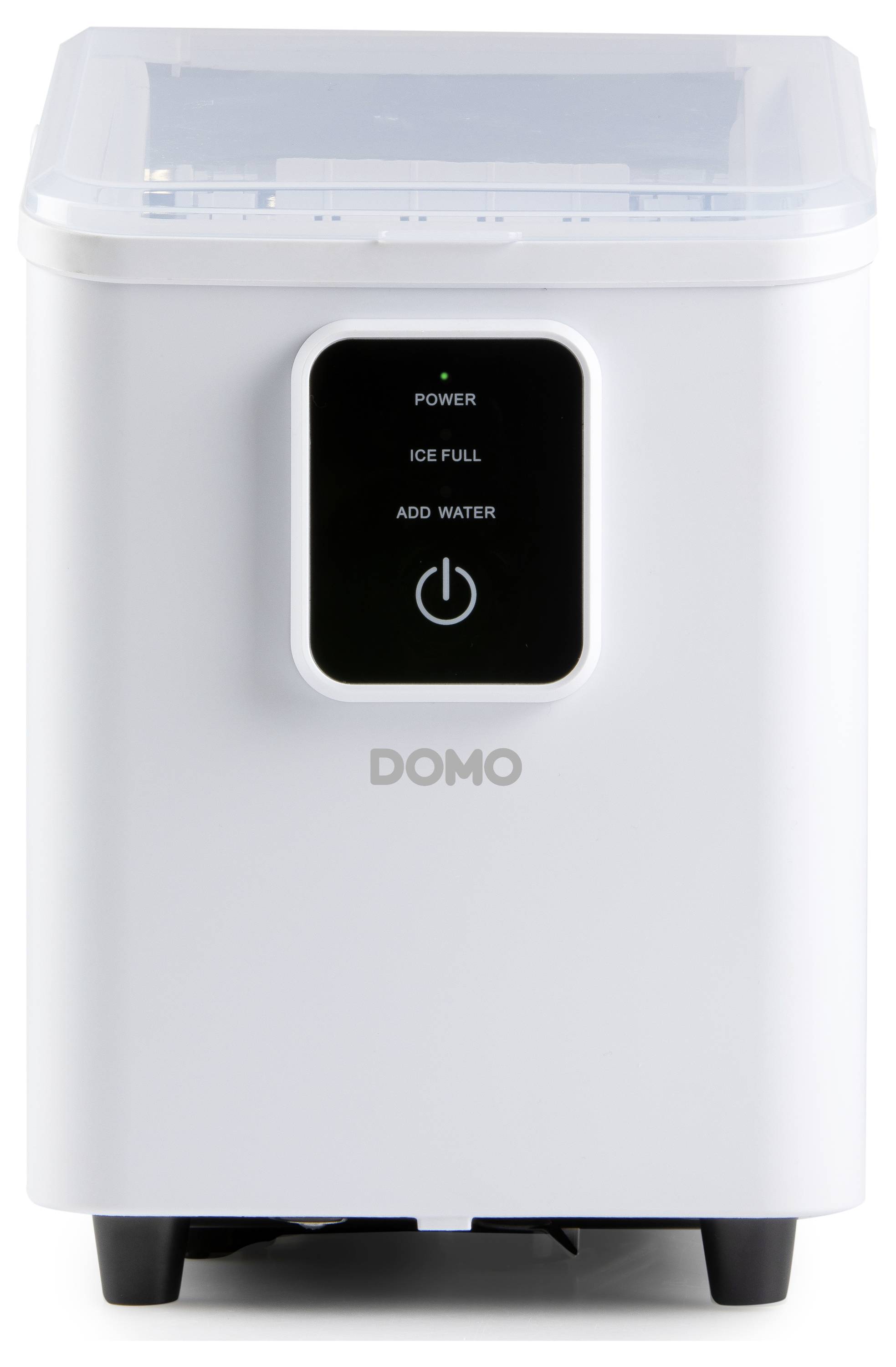 Compacte witte ijsmachine met een transparant deksel en bedieningspaneel met indicatoren voor 'Aan/Uit', 'Ijslade Vol', 'Water Bijvullen' en een aan/uit-knop.