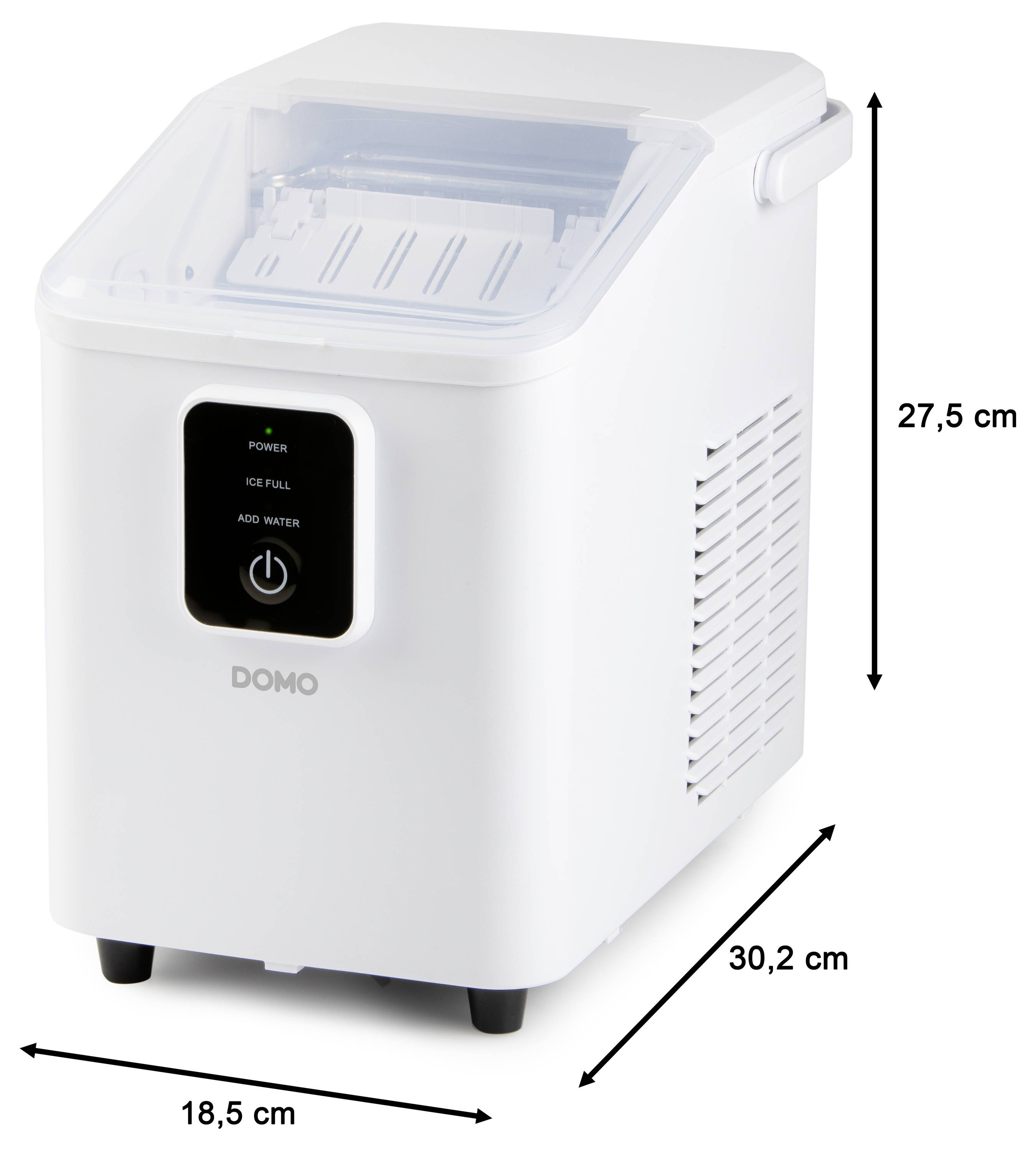 'DOMO' draagbare ijsmachine met vermogensindicator, geëtiketteerde waterpeilwaarschuwingen, en afmetingen: 18,5 cm breed, 30,2 cm diep, 27,5 cm hoog.