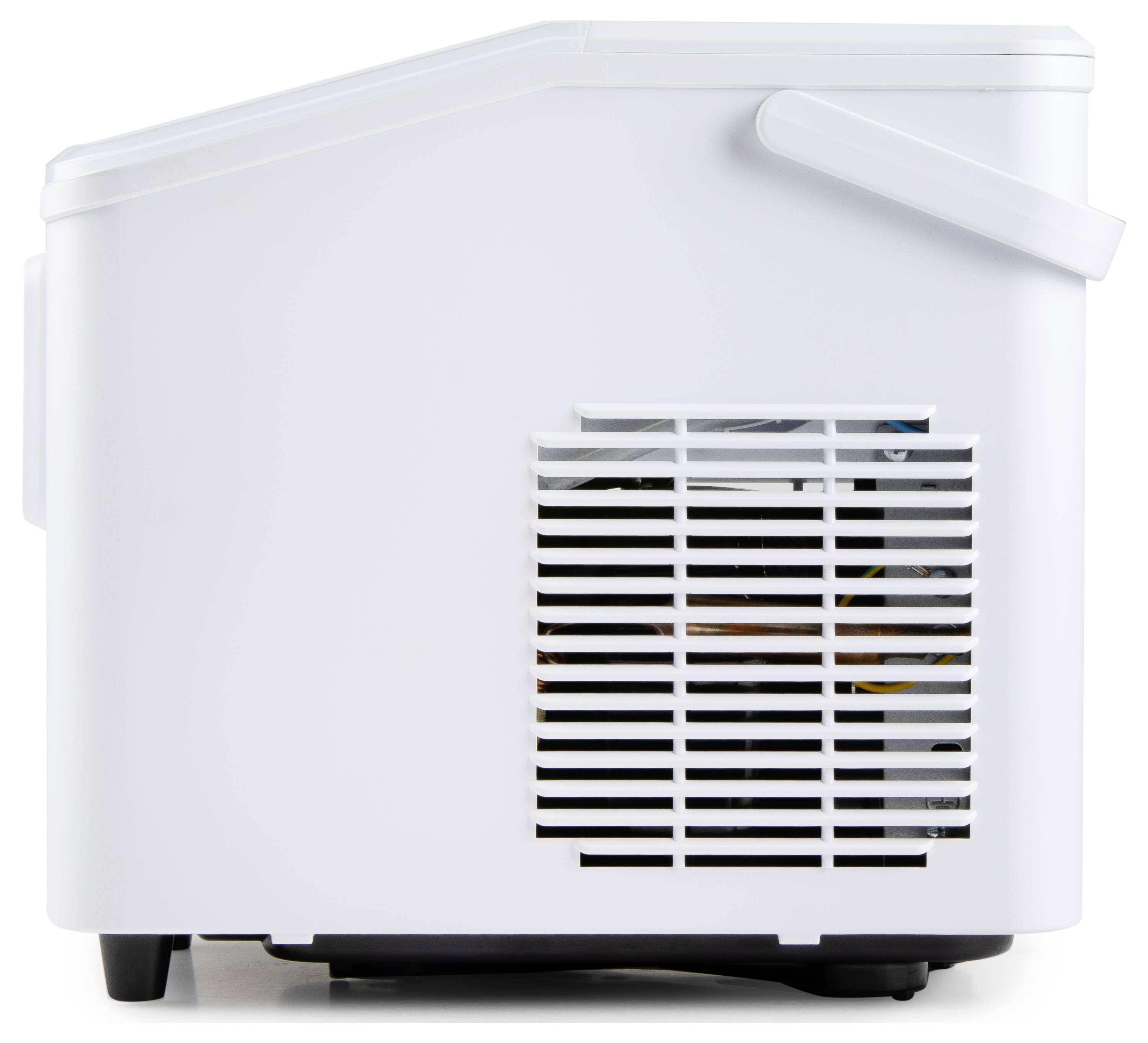 Een witte draagbare ijsmachine gezien van opzij, met verluchtingssleuven en een handgreep.