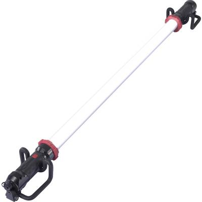 Een lange, cilindrische LED-werklamp met zwarte handgrepen aan beide uiteinden en een rode verstelring in het midden.