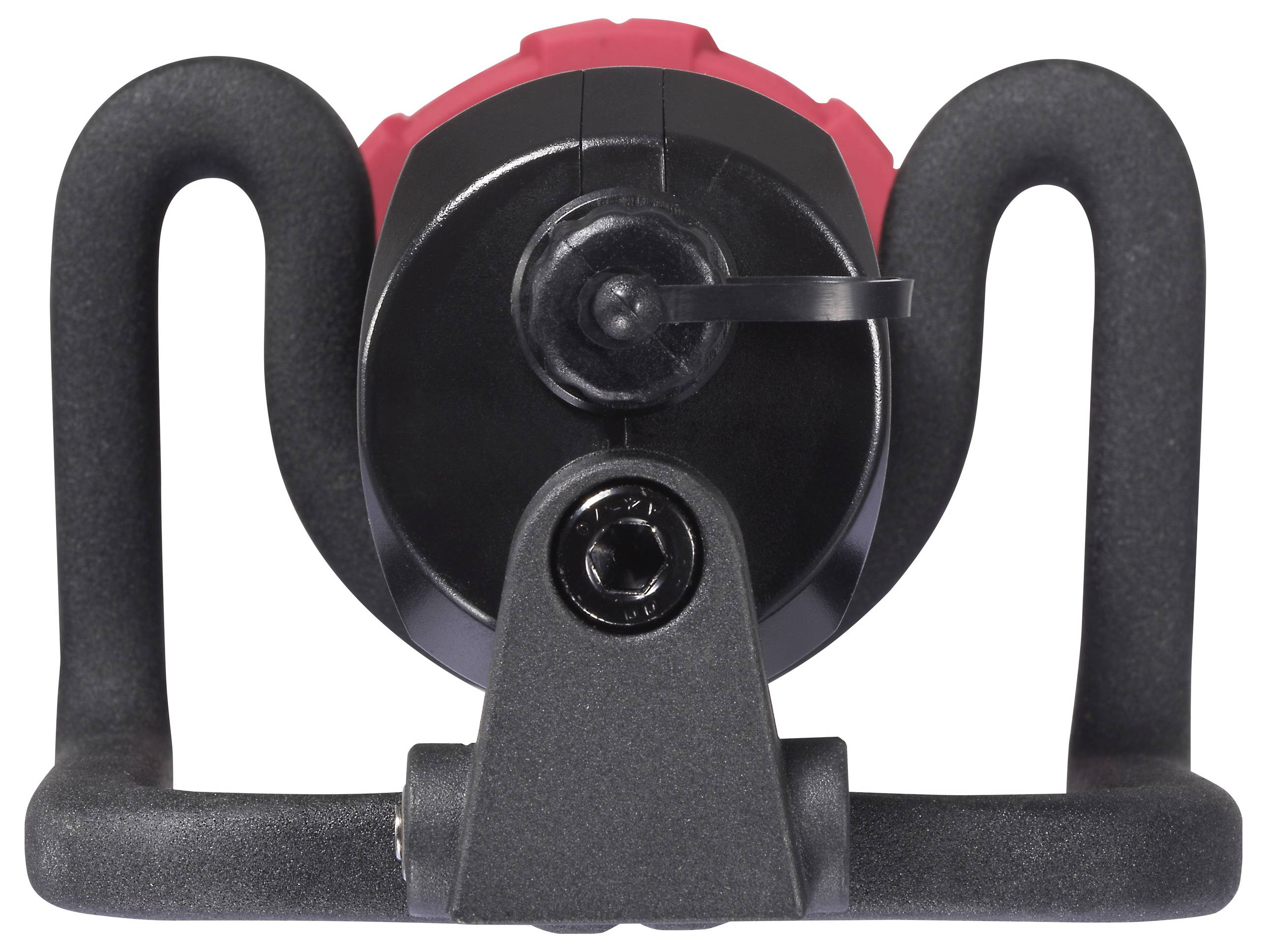 Een zwart en rood apparaat met een beschermende U-vormige beugel, met een centrale knop, gezien van voren.