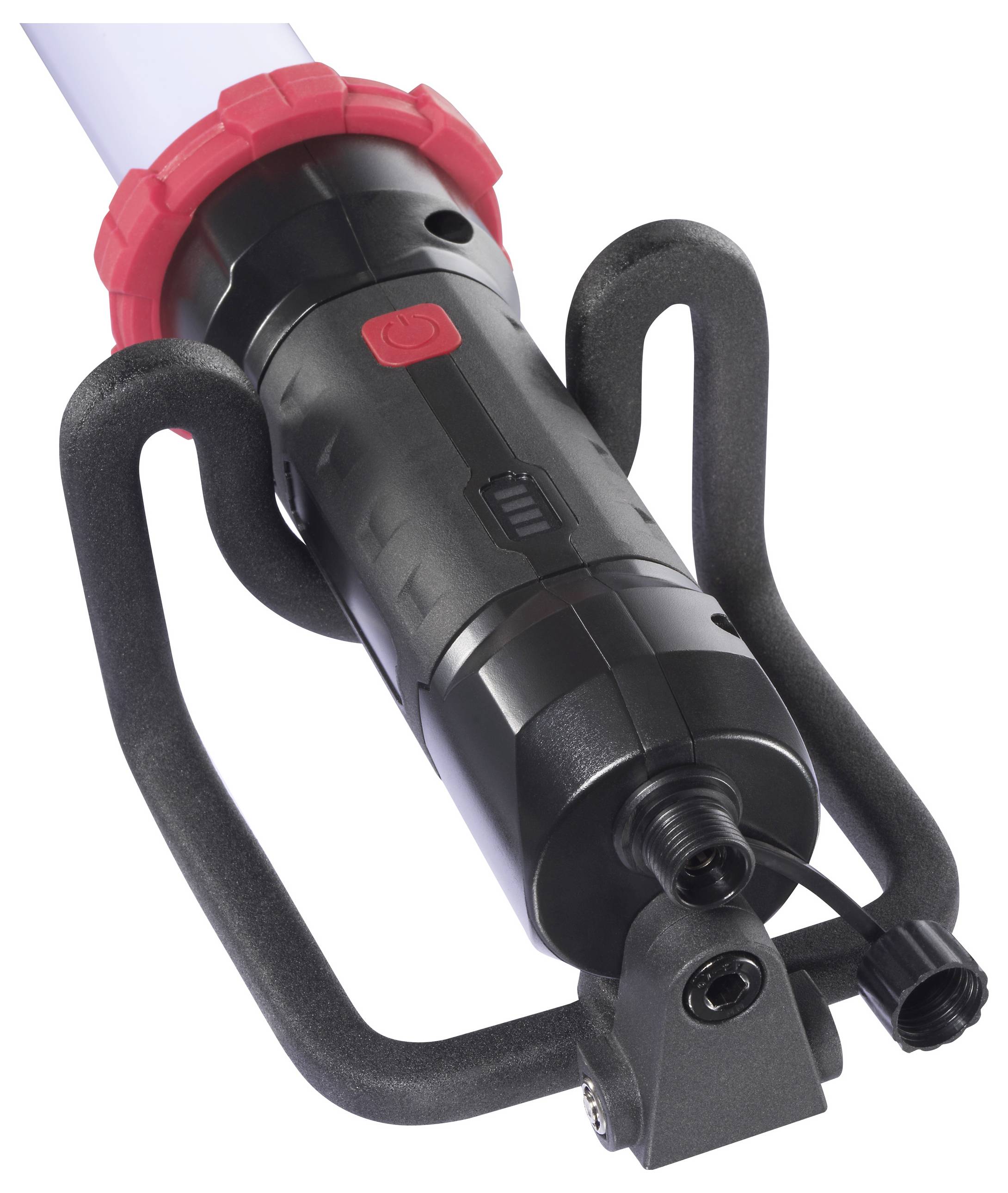 Een draagbare LED-werklamp met een zwarte handgreep en rode aan/uit-knop, voorzien van een zwenkbare bevestiging met stekkerverbinding voor veelzijdig gebruik.