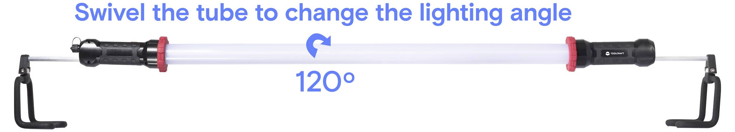 Lichtbuisdiagram met een 120° zwenkas voor hoekaanpassing, met nadruk op het veranderen van de verlichtingshoek.