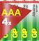 Vier AAA-alkalibatterijen in groene en rode verpakking, merkenlogo 'GP', opvallende aanduiding '4x'.