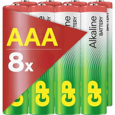 'AAA Alkaline Batterij 8 stuks, groen-rood, naast elkaar geplaatste batterijen met gele tekens'