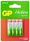 Vier AAA-alkalibatterijen van GP in een verpakking. Tekst: 'Alkaline batterij', 'AAA x8', 'Langdurige kracht'.