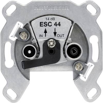 Satelliet-aansluiting gelabeld als 'KATHREIN ESC 44', met 'IN'- en 'UIT'-pijlen en '14 dB', gebruikt voor het aansluiten van satellietkabels.