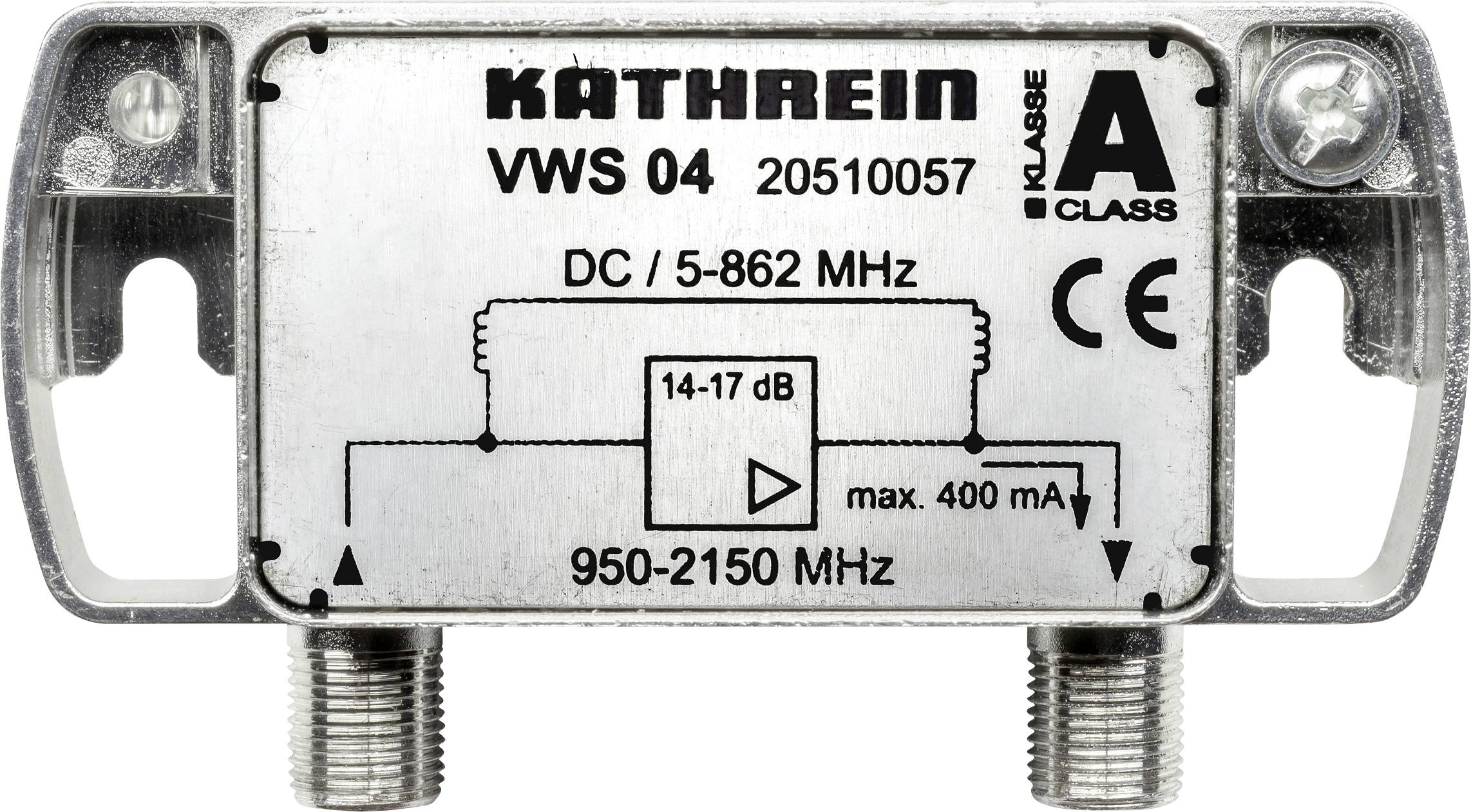 Een elektronisch component met het label 'KATHREIN', model 'VWS 04', ondersteunt frequenties van 5-862 MHz en 950-2150 MHz, maximaal 400 mA.