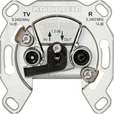De afbeelding toont een Kathrein TV- en R-aansluiting voor frequenties van 5-2400 MHz met een specificatie van 14 dB. Twee aansluitpoorten zijn gemarkeerd als TV en R.
