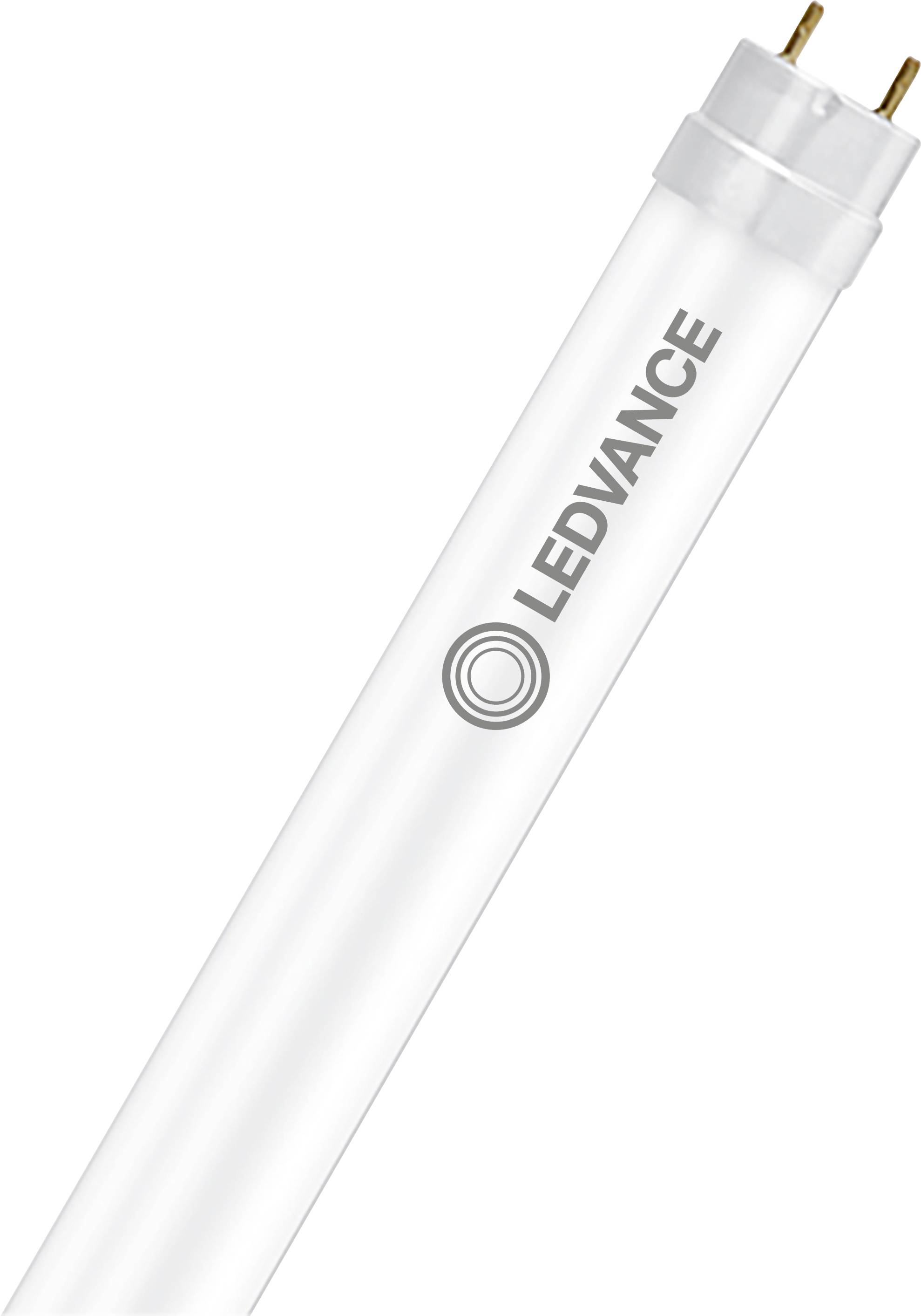 Ledlamp met 'LEDVANCE' logo en bevestigingspinnen, diagonaal gepositioneerd tegen een witte achtergrond.