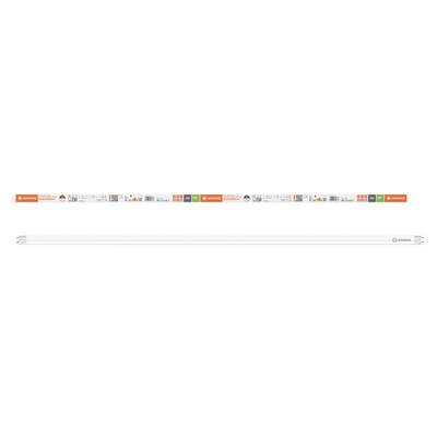 'Osram Lumilux' TL-buis met een wit lichaam en oranje uiteinden waarop technische specificaties en logo's worden weergegeven.