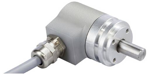 Een cilindrische metalen encoder met een grijze behuizing en bijgevoegde kabel, ontworpen voor het detecteren van rotatiehoek.