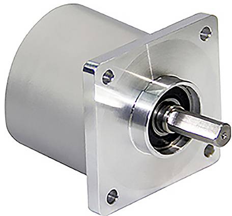 Een cilindrische metalen motor met een uitstekende as en een vierkante bevestigingsplaat.