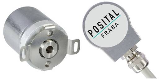 Een afbeelding van twee industriële encoders van POSITAL FRABA; een is cilindrisch en metaalkleurig, de andere is een compacte hoekhoeksensor met opschrift.
