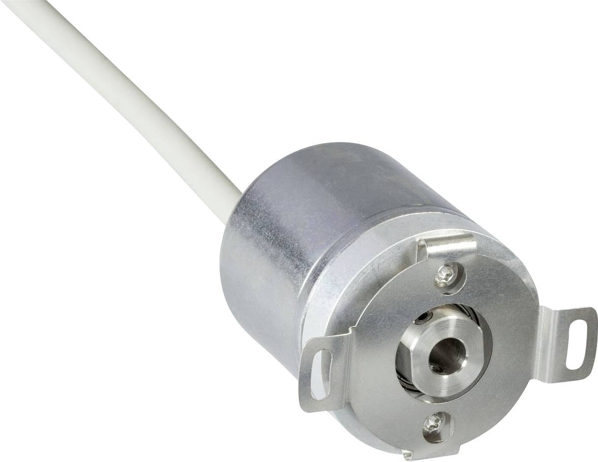 Cilindrische metalen encoder met een kabel aangesloten, voorzien van twee bevestigingsbeugels en een centrale as voor rotatiemeting.