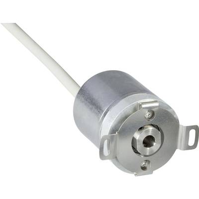 Cilindrische metalen encoder met een kabel aangesloten, voorzien van twee bevestigingsbeugels en een centrale as voor rotatiemeting.