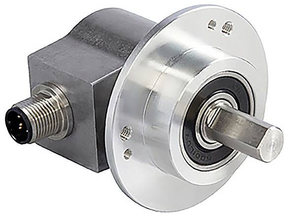 Een metalen roterende encoder met een cilindrische as en elektrische aansluiting, gebruikt voor nauwkeurige positiesensing in machines.