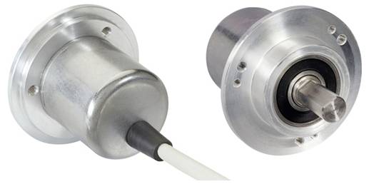 Metalen rotary-encoder met cilindrische behuizing en drie bevestigingsgaten, verbonden met een witte kabel. Geschikt voor precisie machinerie toepassingen.