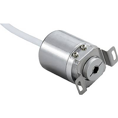 Een metalen cilindervormige encoder met een kabel eraan, voorzien van montagebeugels en schroeven, gebruikt voor het meten van hoekpositie in machines.