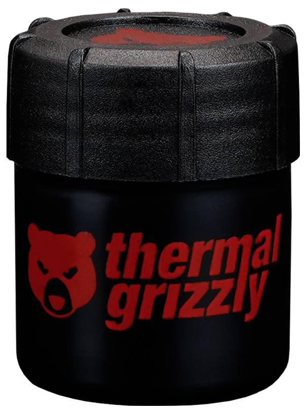 Een kleine zwarte container met 'thermal grizzly' en een rode beren logo, waarschijnlijk bedoeld voor het bewaren van thermische pasta of een vergelijkbaar product.