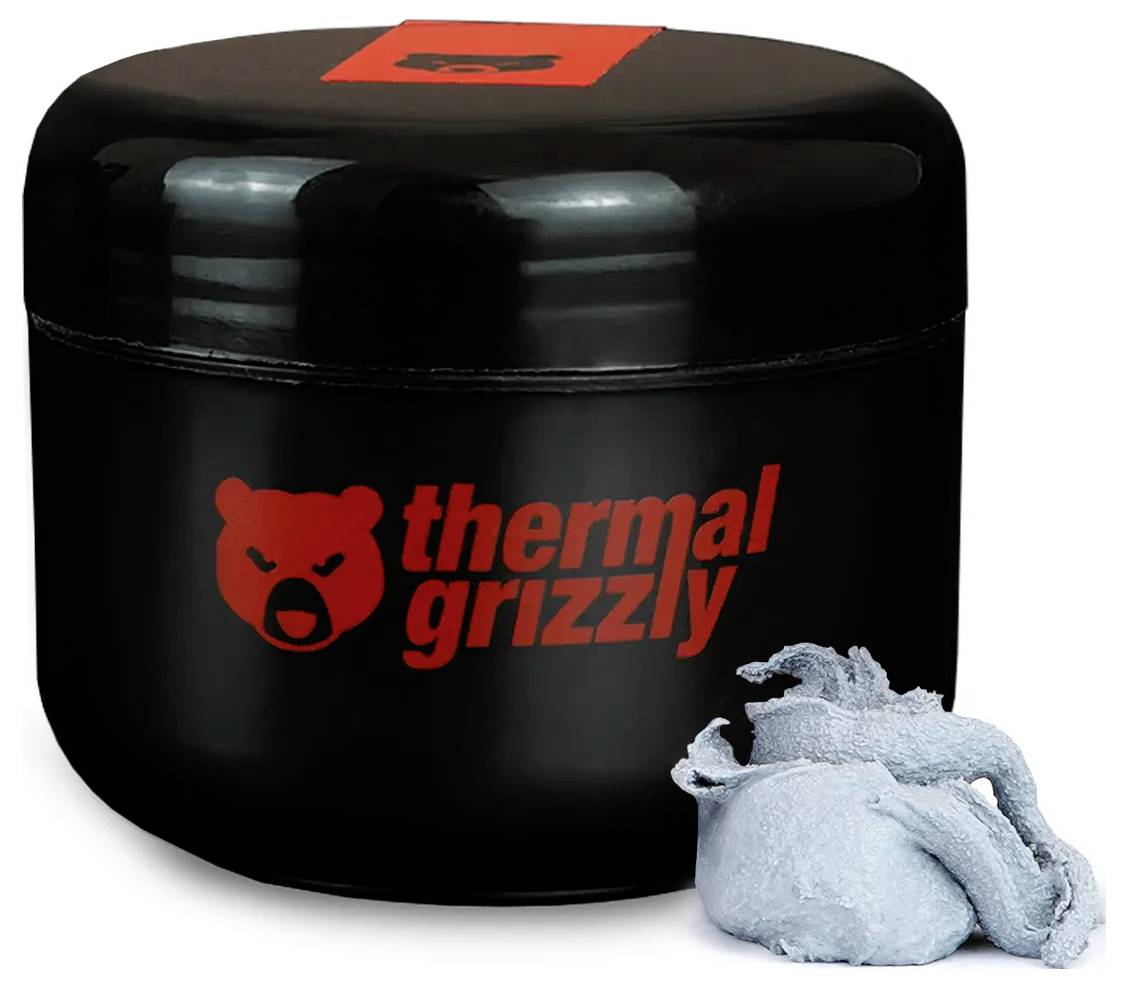 Een zwarte container met een rood 'thermal grizzly' logo, met daarnaast metallisch gebaseerde thermische pasta, gebruikt voor het koelen van elektronische componenten.