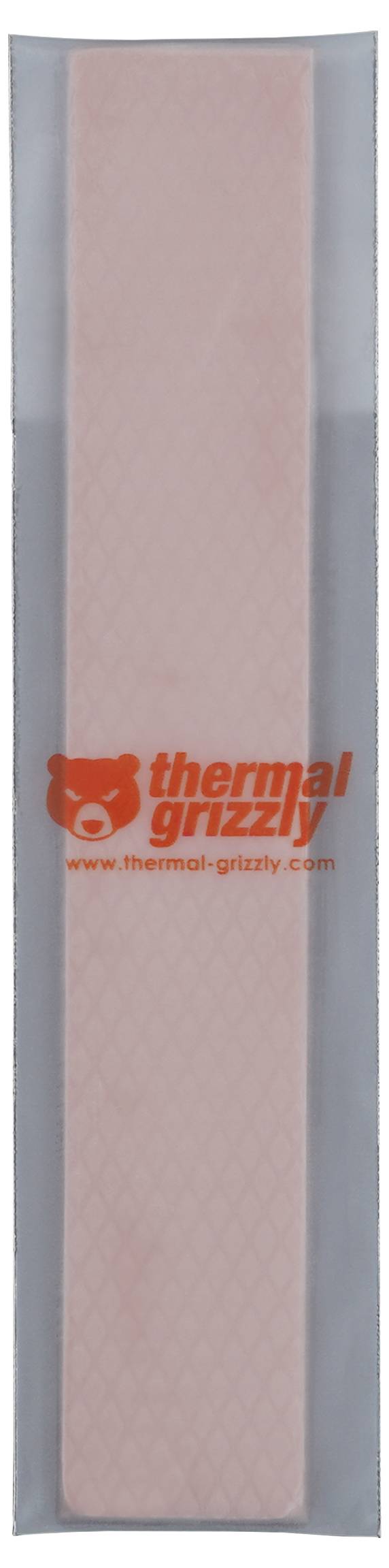 'Thermal Grizzly' thermische pad verpakking met een roze rechthoekige pad en het bedrijfslogo in rode tekst op een transparante omslag.
