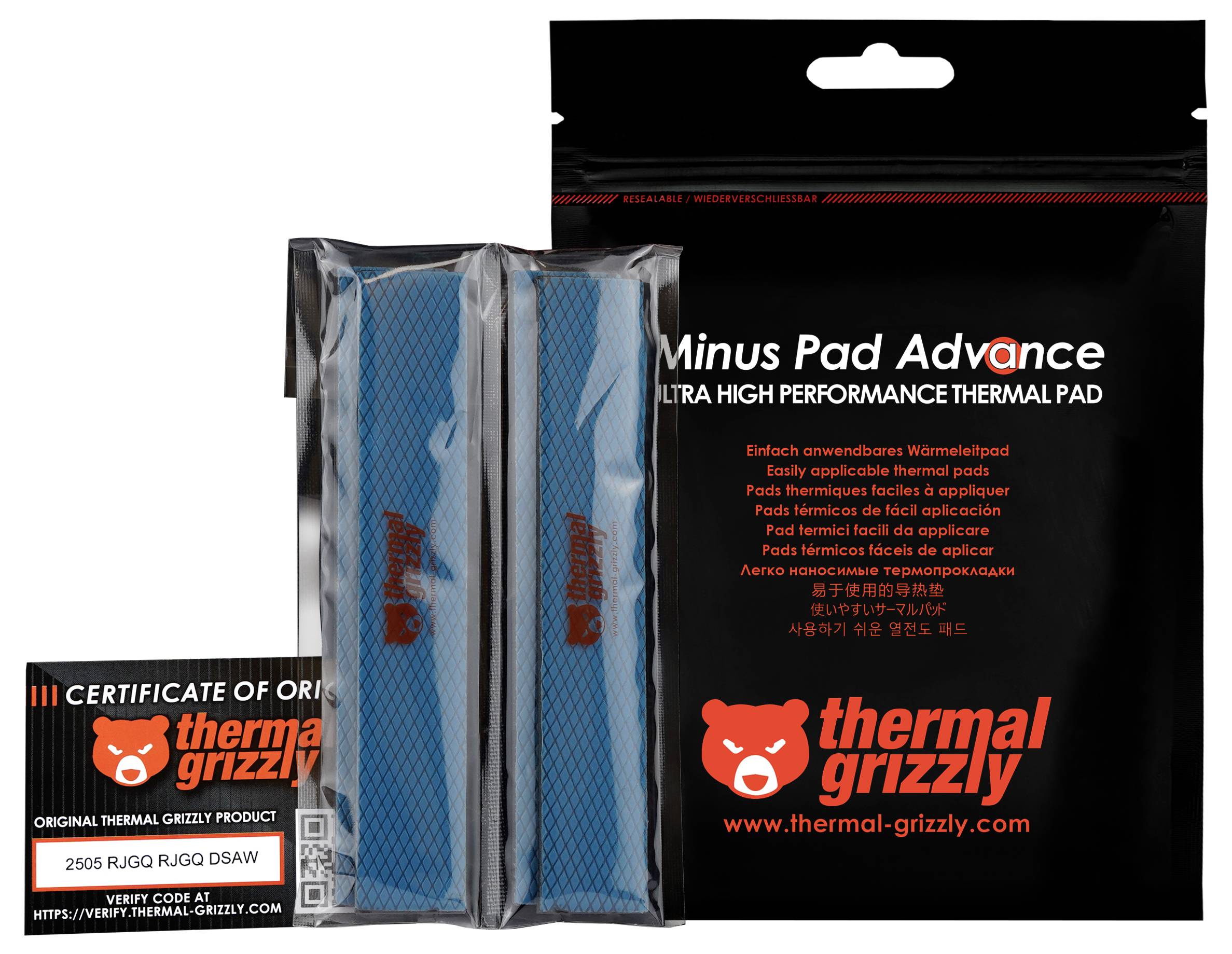 'Thermal Grizzly Minus Pad Advance' verpakking en inhoud omvatten thermische pads met beweringen van efficiënte warmtegeleiding en makkelijke toepassing.