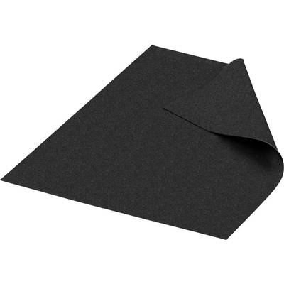 Een vel zwart schuurpapier met een hoek licht omgevouwen, waarbij de ruwe textuur zichtbaar is.