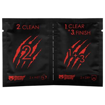 'Twee pakketjes naast elkaar. Links: '2. Schoonmaken' in het rood met klauwmarkeringen en 'thermal grizzly'. Rechts: '1. Reinigen + 3. Voltooien' met klauwmarkeringen en logo.'